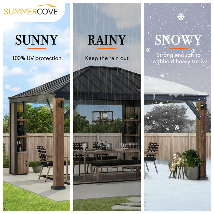 Sunjoy || SummerCove Outdoor Patio 12x14 Solar Powered Backyard Hardtop Wooden Gazebo with LED Light and Bluetooth Sound