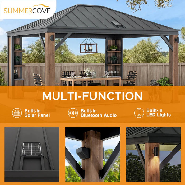 Sunjoy || SummerCove Outdoor Patio 12x14 Solar Powered Backyard Hardtop Wooden Gazebo with LED Light and Bluetooth Sound