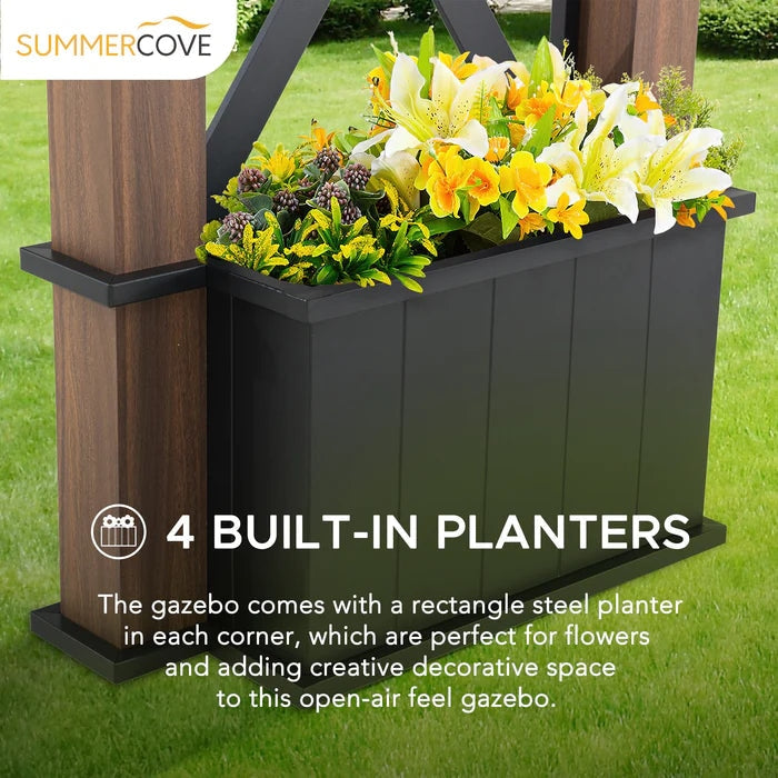 Sunjoy || SummerCove Outdoor Patio 13x15 Black Aluminum Backyard Hardtop Gazebo with Metal Planters and Ceiling Hook