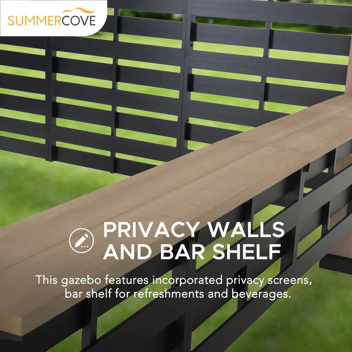 Sunjoy || SummerCove Outdoor Patio Grill Gazebo 11x11 Black Wooden Frame Privacy Screen Backyard Hardtop Gazebo with Shelf