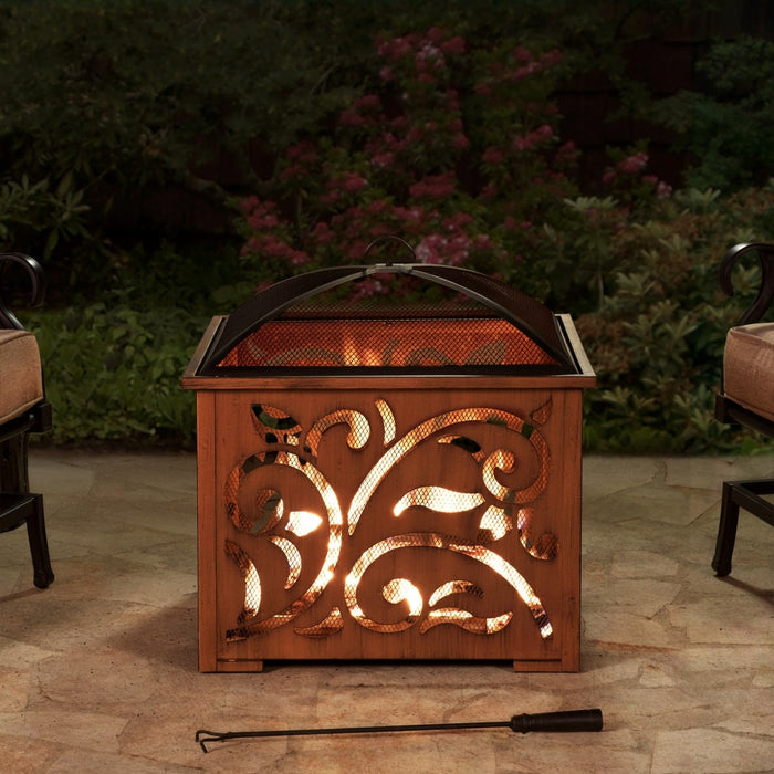 Sunjoy || Sunjoy 26 in. Outdoor Fire Pit Copper Steel Patio Fire Pit Wood Burning Backyard Fire Pit with Mesh Screen and Fire Poker