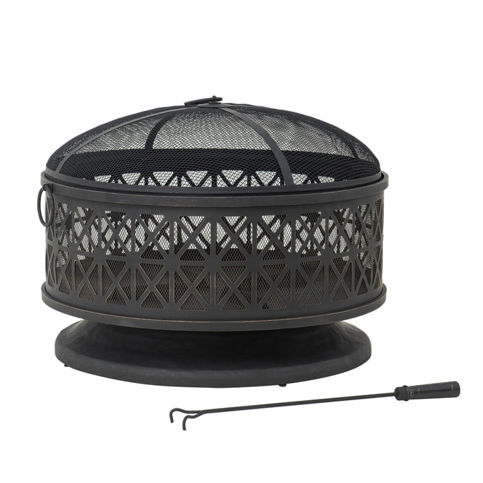 Sunjoy || Sunjoy 30 in. Outdoor Fire Pit Black Steel Patio Fire Pit Backyard Wood Burning Fire Pit with Spark Screen and Fire Poker
