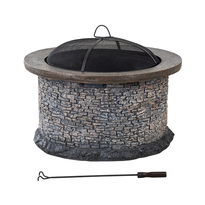 Sunjoy || Sunjoy 32 in. Outdoor Fire Pit Brown and Gray Patio Fire Pit Wood Burning Stone Fire Pit with Spark Screen and Fire Poker