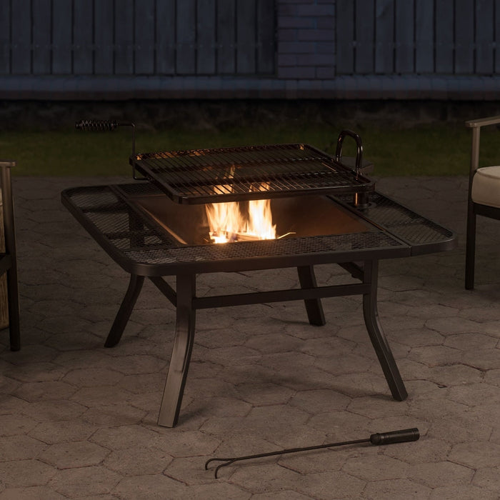 Sunjoy || Sunjoy 38 in. Outdoor Fire Pit Black Steel Patio Fire Pit Large Wood Burning Fire Pit with Adjustable Grill and Fire Poker
