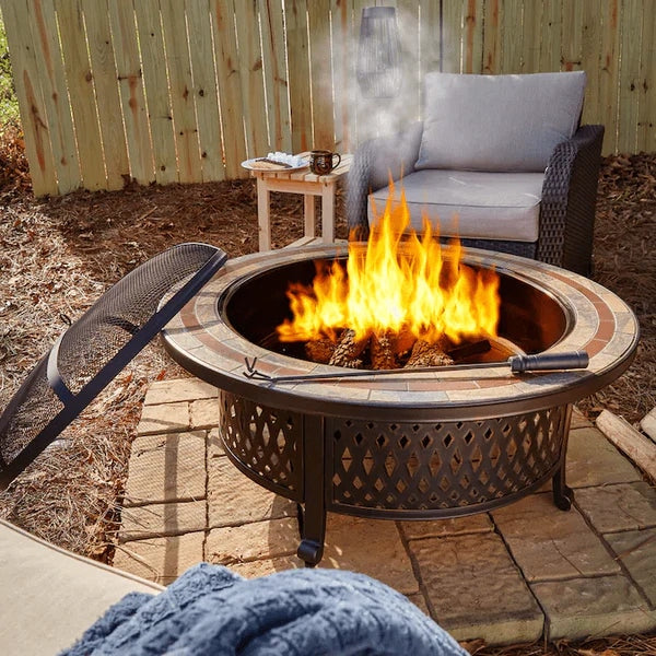 Sunjoy || Sunjoy 40 in. Outdoor Fire Pit Black Steel Patio Fire Pit Wood Burning Backyard Fire Pit with Ceramic Tile Table Top and Fire Poker