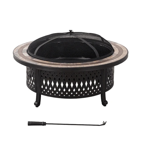 Sunjoy || Sunjoy 40 in. Outdoor Fire Pit Black Steel Patio Fire Pit Wood Burning Backyard Fire Pit with Ceramic Tile Table Top and Fire Poker