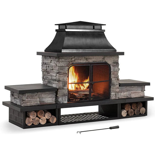 Sunjoy || Sunjoy Outdoor 48 in. Steel Wood Burning Stone Fireplace with Fire Poker and Removable Grate black