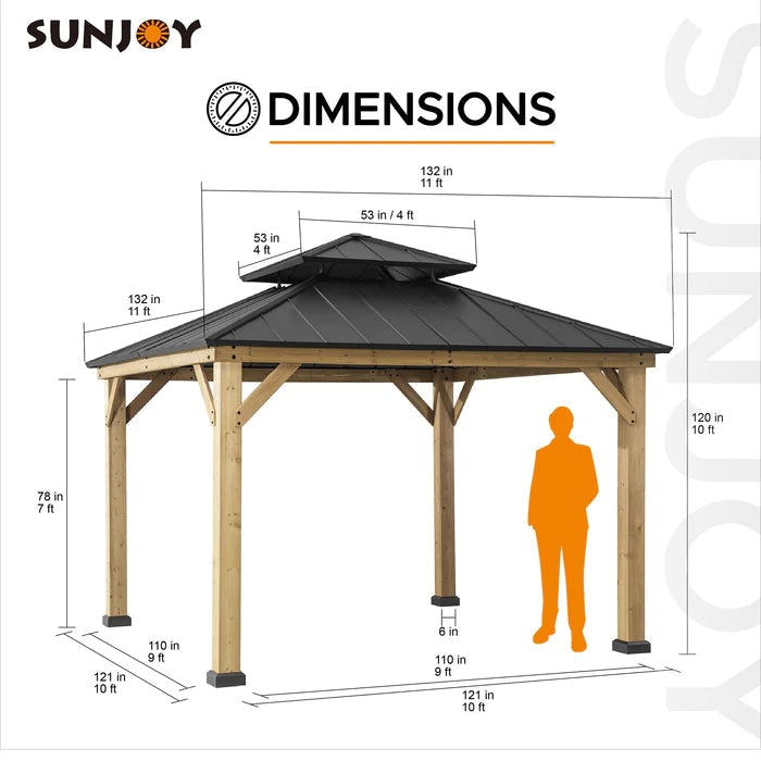 Sunjoy || Sunjoy Outdoor Patio 11x11 Black 2-Tier Wooden Frame Backyard Hardtop Gazebo with Ceiling Hook
