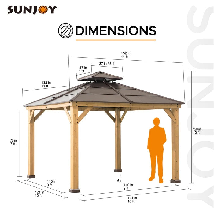 Sunjoy || Sunjoy Outdoor Patio 11x11 Brown 2-Tier Wooden Frame Backyard Hardtop Gazebo with Ceiling Hook