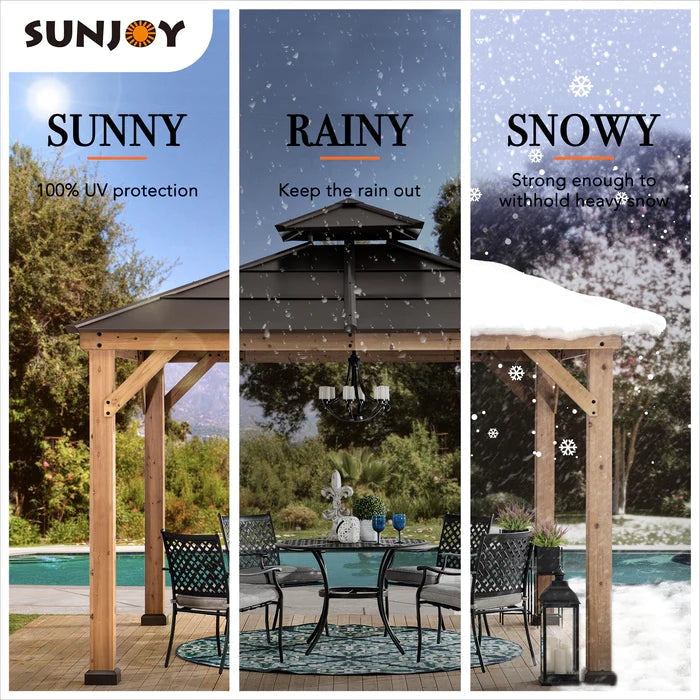 Sunjoy || Sunjoy Outdoor Patio 11x11 Brown 2-Tier Wooden Frame Backyard Hardtop Gazebo with Ceiling Hook