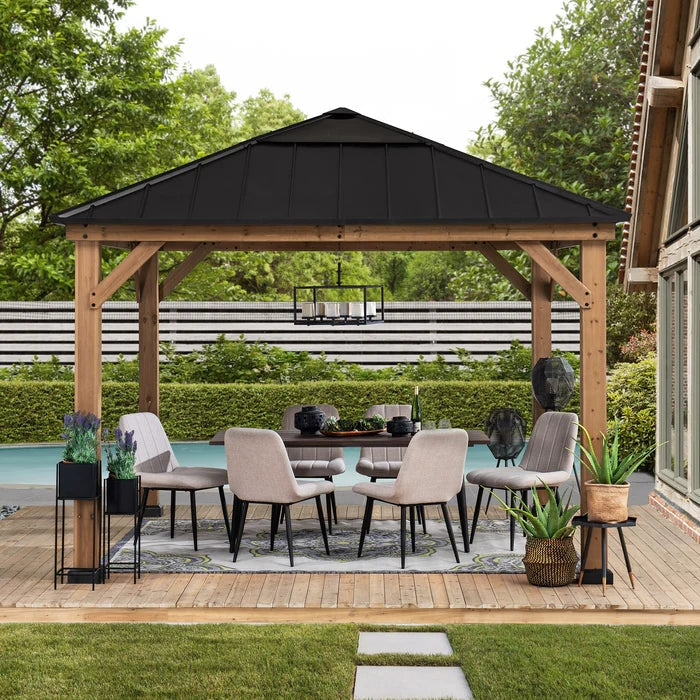 Sunjoy || Sunjoy Outdoor Patio 11x11 Wooden Frame Backyard Hardtop Gazebo with Ceiling Hook Black Std