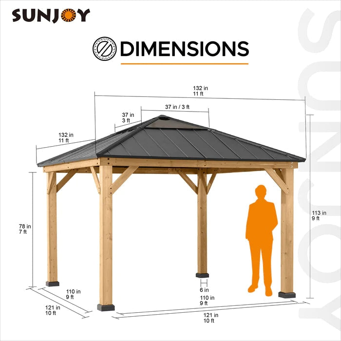 Sunjoy || Sunjoy Outdoor Patio 11x11 Wooden Frame Backyard Hardtop Gazebo with Ceiling Hook Black Std