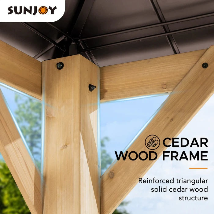 Sunjoy || Sunjoy Outdoor Patio 11x11 Wooden Frame Backyard Hardtop Gazebo with Ceiling Hook Brown