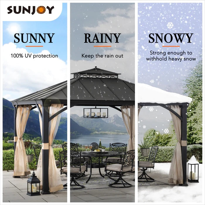 Sunjoy || Sunjoy Outdoor Patio 11x13 Black 2-Tier Aluminum Backyard Hardtop Gazebo with Metal Ceiling Hook and Netting