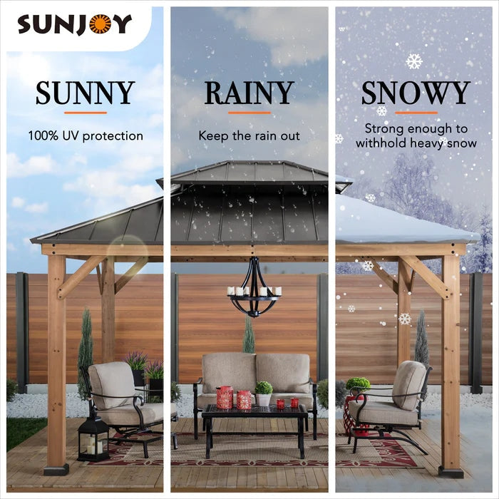 Sunjoy || Sunjoy Outdoor Patio 11x13 Black 2-Tier Wooden Frame Backyard Hardtop Gazebo with Ceiling Hook