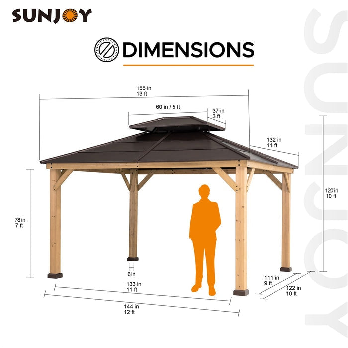 Sunjoy || Sunjoy Outdoor Patio 11x13 Brown 2-Tier Wooden Frame Backyard Hardtop Gazebo with Ceiling Hook