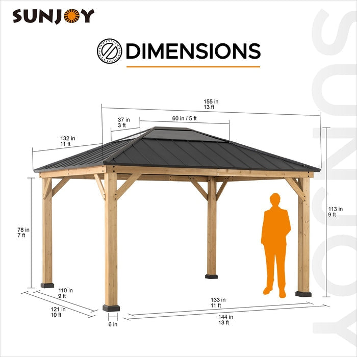 Sunjoy || Sunjoy Outdoor Patio 11x13 Wooden Frame Backyard Hardtop Gazebo with Ceiling Hook Black