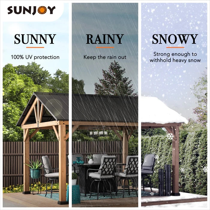 Sunjoy || Sunjoy Outdoor Patio 11x13 Wooden Frame Gable Roof Backyard Hardtop Gazebo/Pavilion with Ceiling Hook Black