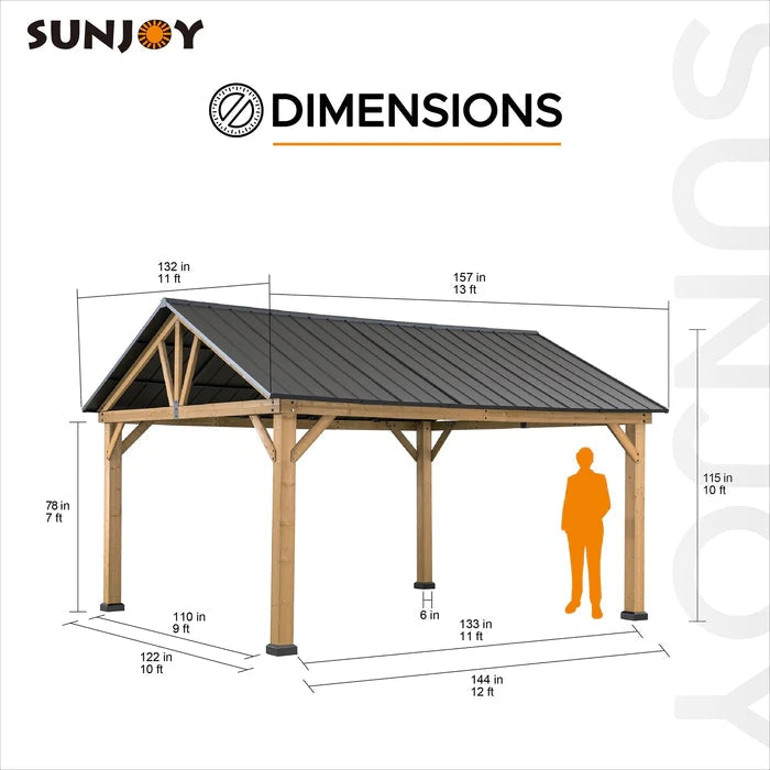 Sunjoy || Sunjoy Outdoor Patio 11x13 Wooden Frame Gable Roof Backyard Hardtop Gazebo/Pavilion with Ceiling Hook Black
