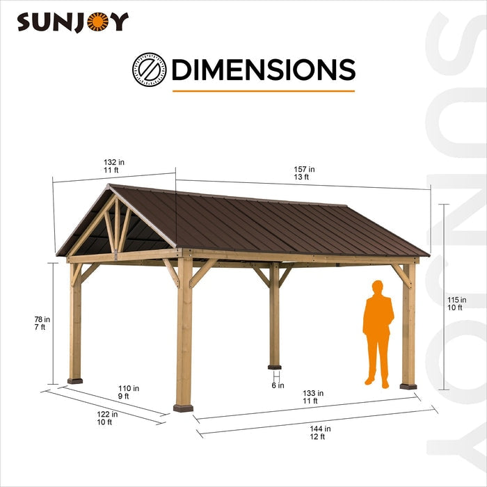 Sunjoy || Sunjoy Outdoor Patio 11x13 Wooden Frame Gable Roof Backyard Hardtop Gazebo/Pavilion with Ceiling Hook Brown