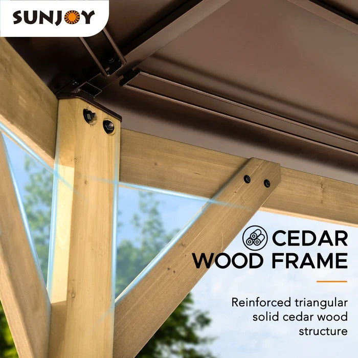 Sunjoy || Sunjoy Outdoor Patio 13x13 Octagon Brown 2-Tier Wooden Frame Backyard Hardtop Gazebo with Ceiling Hook