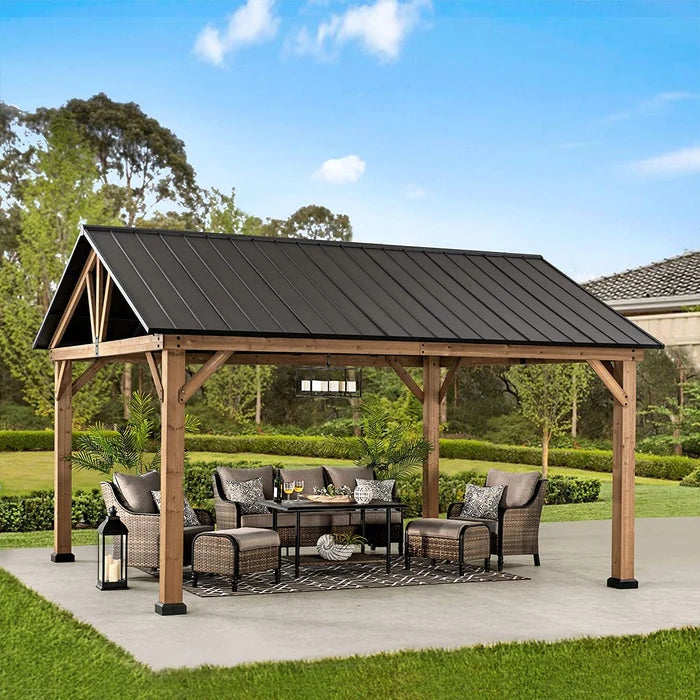 Sunjoy || Sunjoy Outdoor Patio 13x15 Black Wooden Frame Steel Gable Roof Backyard Hardtop Gazebo/Pavilion with Ceiling Hook Black