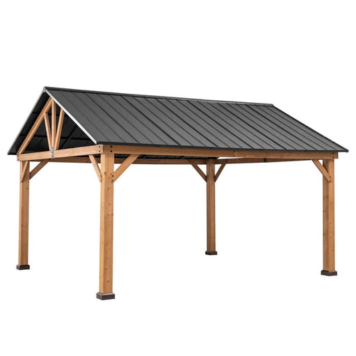 Sunjoy || Sunjoy Outdoor Patio 13x15 Black Wooden Frame Steel Gable Roof Backyard Hardtop Gazebo/Pavilion with Ceiling Hook Black