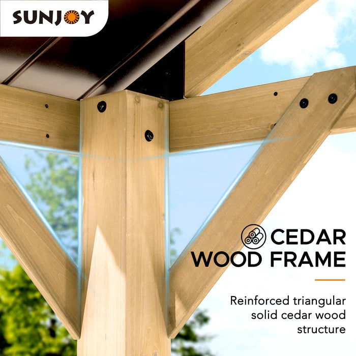 Sunjoy || Sunjoy Outdoor Patio 13x15 Black Wooden Frame Steel Gable Roof Backyard Hardtop Gazebo/Pavilion with Ceiling Hook