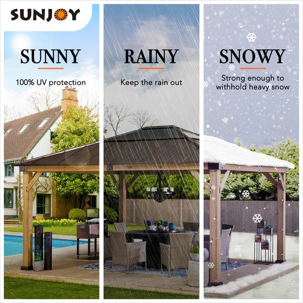 Sunjoy || Sunjoy Outdoor Patio 13x15 Brown Wooden Frame Backyard Hardtop Gazebo with Ceiling Hook Std
