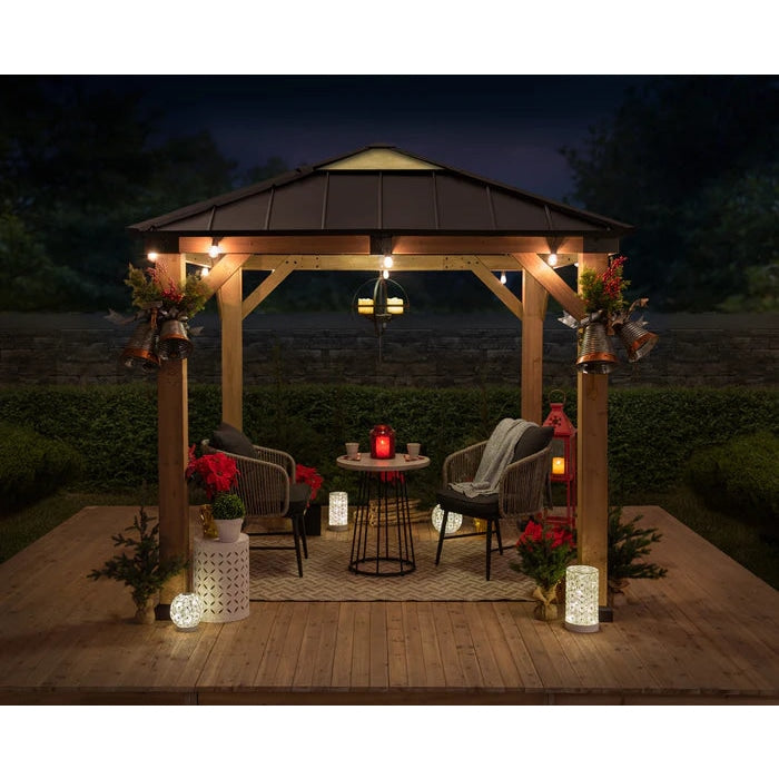 Sunjoy || Sunjoy Outdoor Patio 9x9 Brown Wooden Frame Backyard Hardtop Gazebo with Ceiling Hook