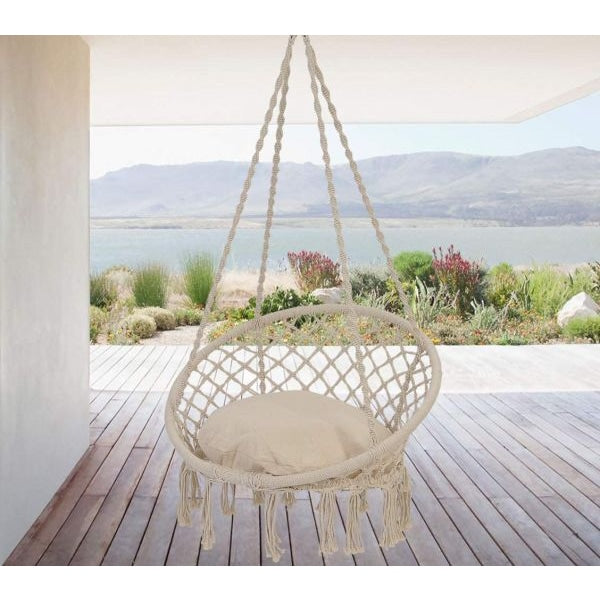 inQ Boutique || Tassel Cotton Hanging Rope Hammock Chair Swing Round Indoor Outdoor Home Garden Patio